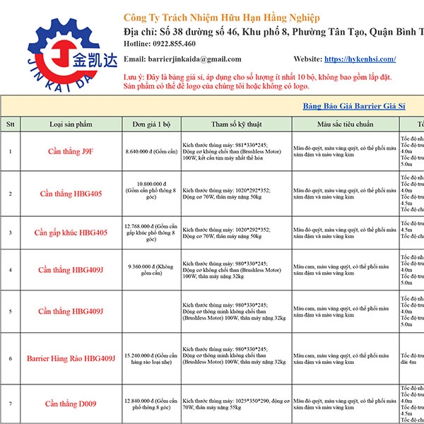 Bảng Báo Giá Barie Giá Sỉ - Barrier Tự Động