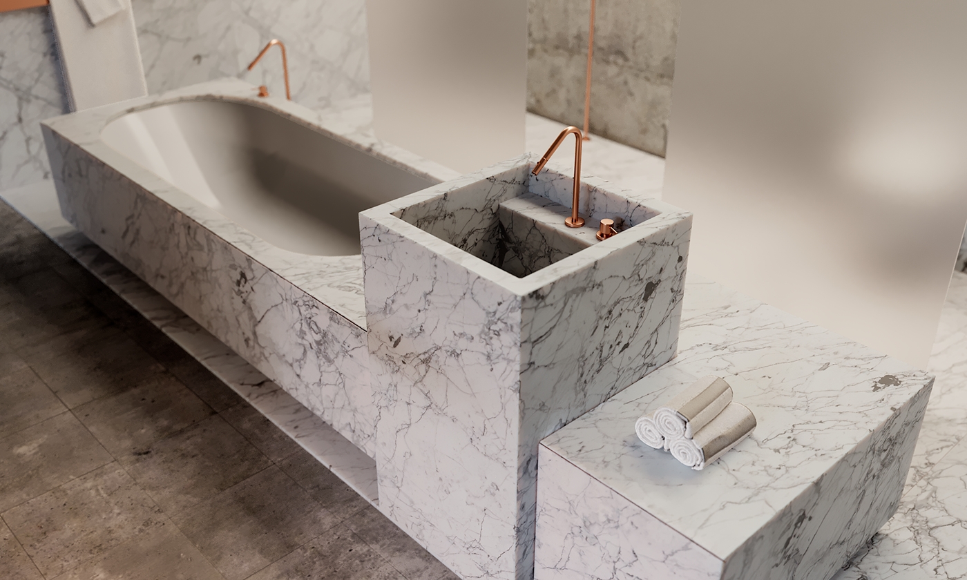 Combo Bồn Tắm & Lavabo Đá Cẩm Thạch Liền Khối