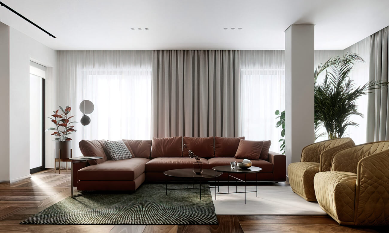 Thiết kế nội thất căn hộ 160m2 với điểm nhấn màu nâu, đỏ